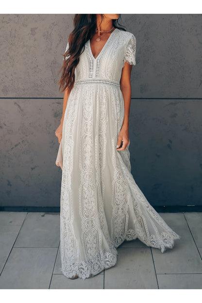 V neck Short Sleeve Hollow Out Sexy Lace Maxi Dress White