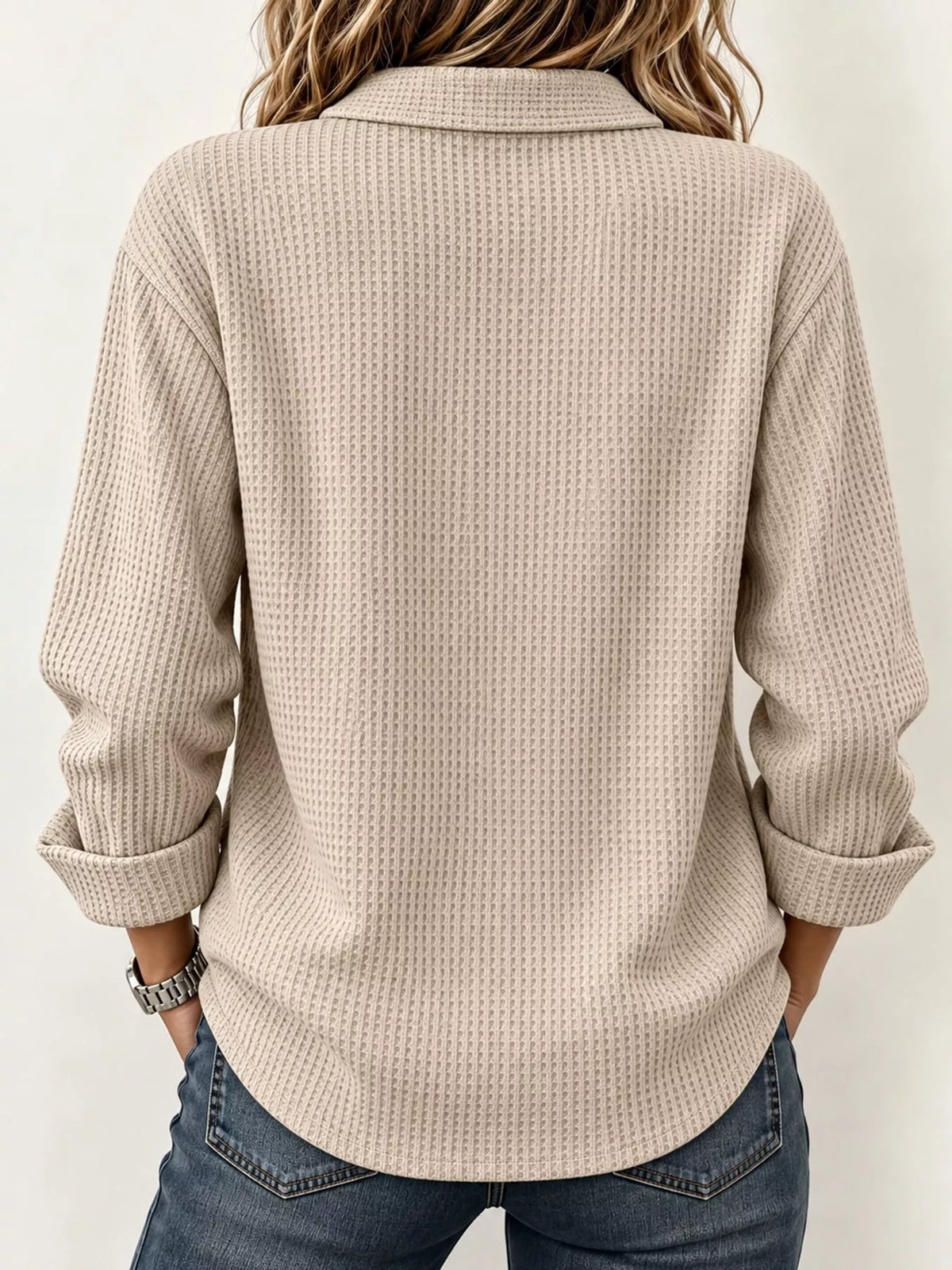 Full Size Waffle Knit Long Sleeve Polo Top Plus Size