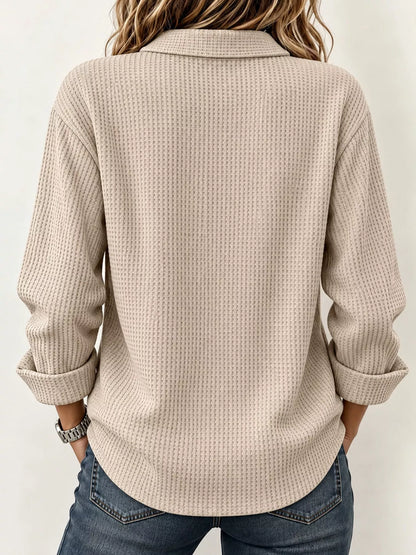 Full Size Waffle Knit Long Sleeve Polo Top Plus Size