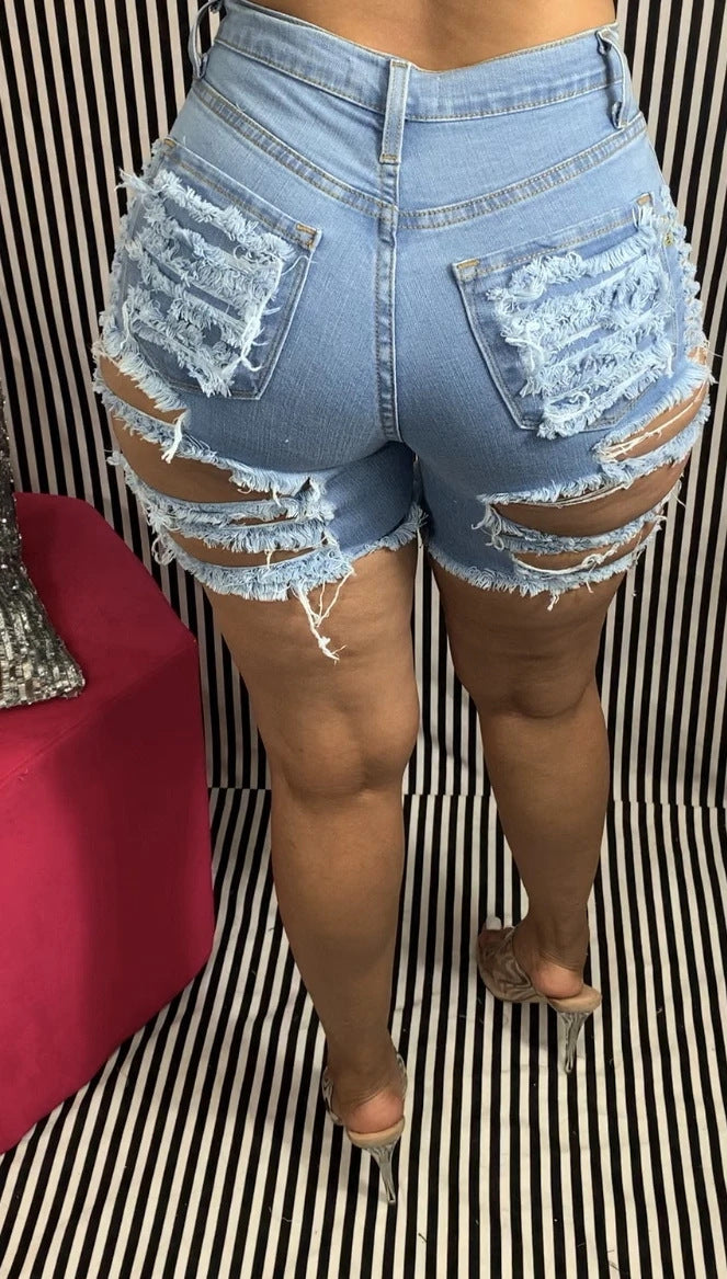 Cropped and Ripped Stretch Denim Shorts light blue