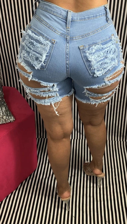 Cropped and Ripped Stretch Denim Shorts light blue