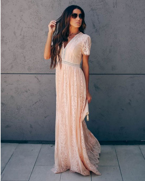 V neck Short Sleeve Hollow Out Sexy Lace Maxi Dress Pink