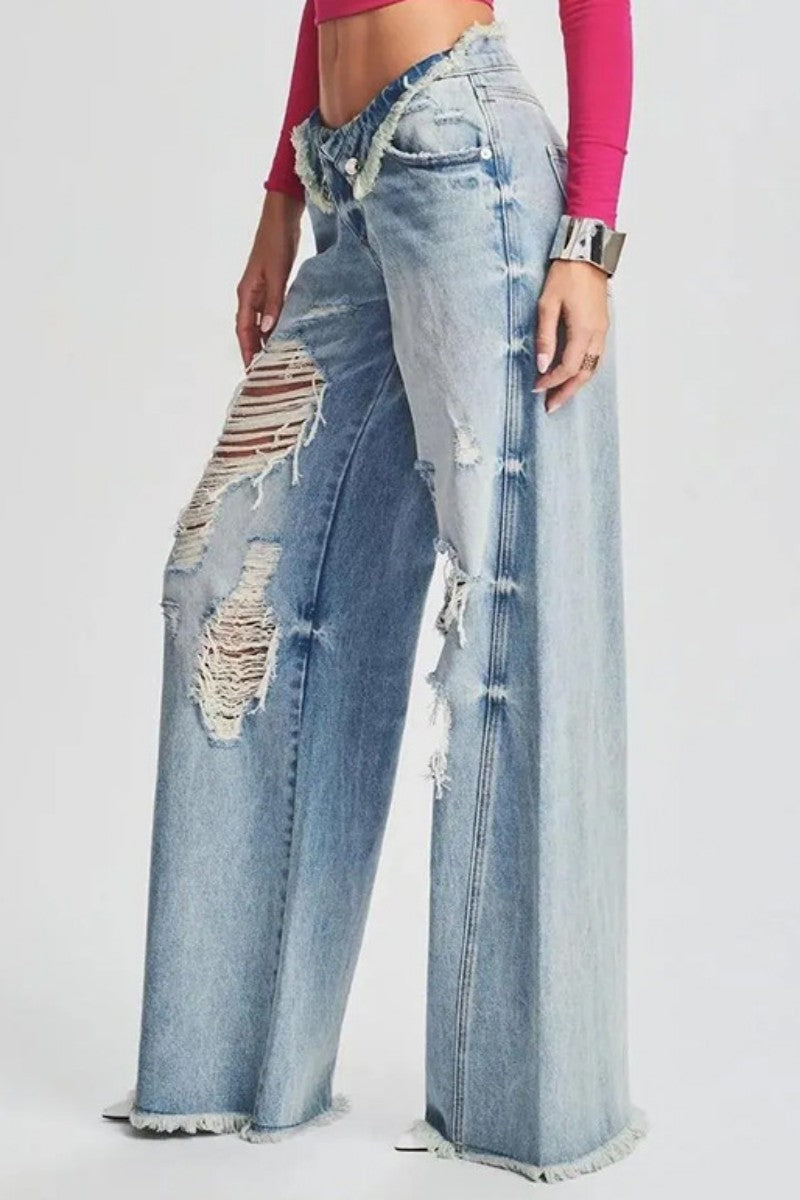 Casual Solid Ripped Patchwork Mid Waist Regular Denim Jeans (Subject To The Actual Object,4 Colors)