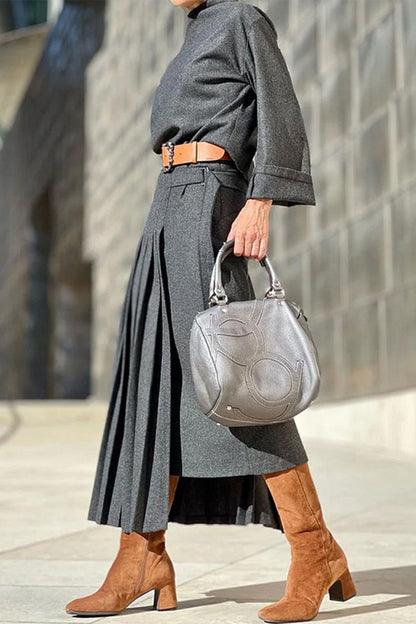 Casual British Style Leopard Fold Without Belt O Neck Waist Skirt Dresses(No Belt)