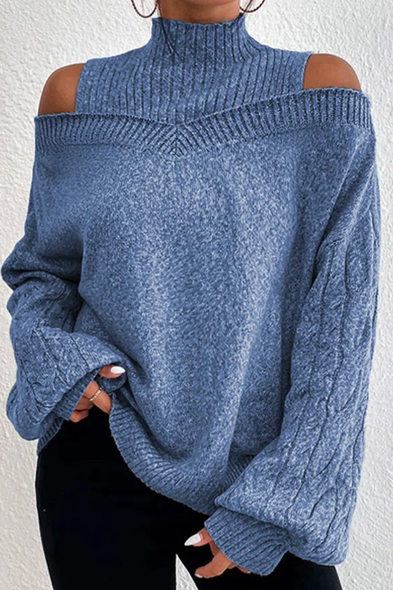 Casual Solid Hollowed Out Patchwork Turtleneck Tops