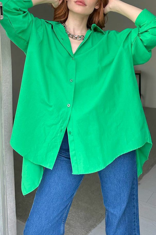 Street Solid Buttons Slit Turndown Collar Tops Green