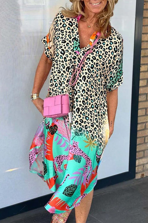 Short Sleeves Side Slit Leopard Splice Printed Midi Dress