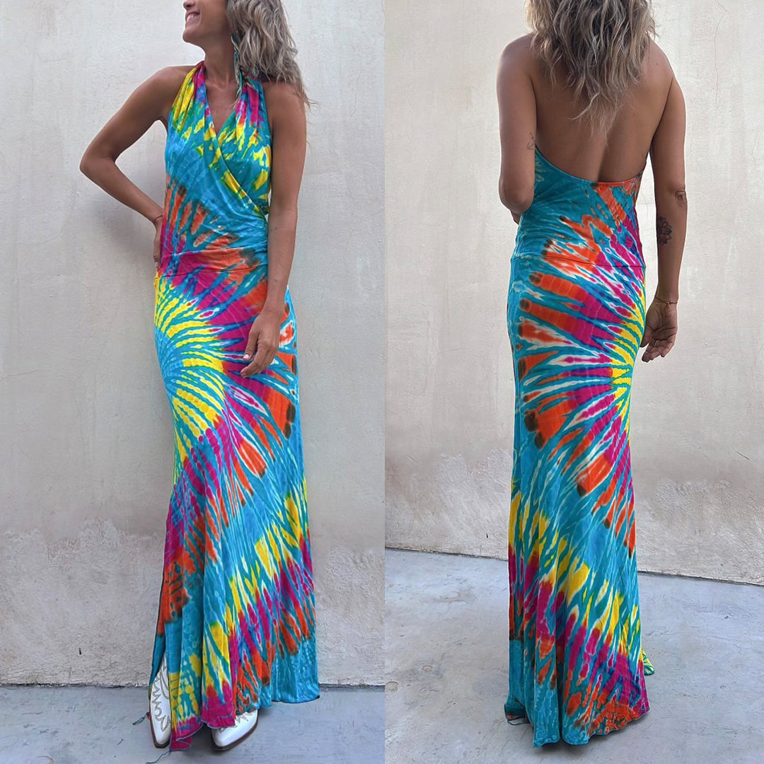 Sleeveless Halter Backless Maxi Tie Dye Dress Tie Dye