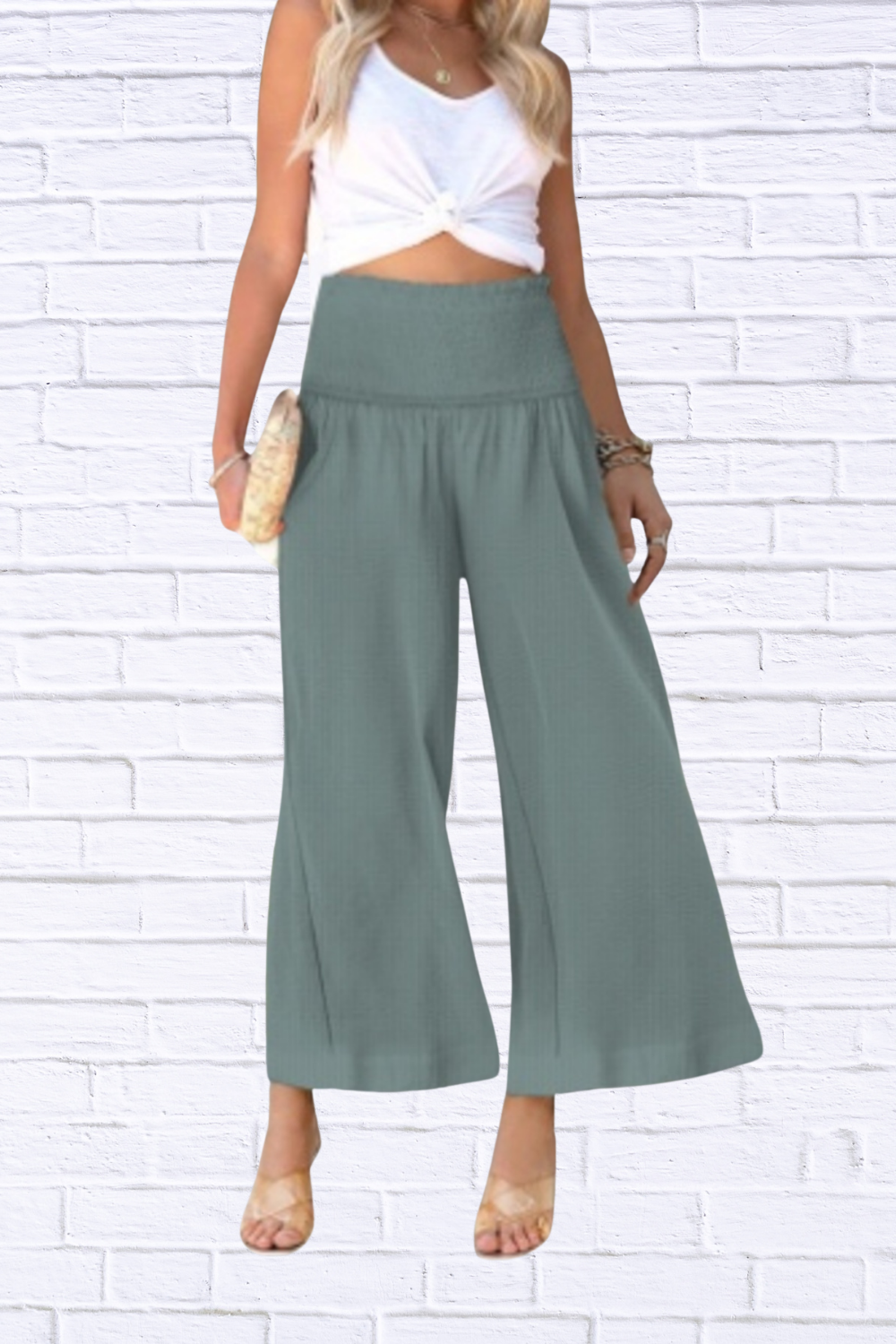 Wide-Leg Smocked Waist Pants