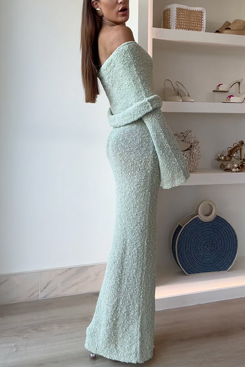 Off Shoulder Long Sleeves Bodycon Knit Maxi Dress