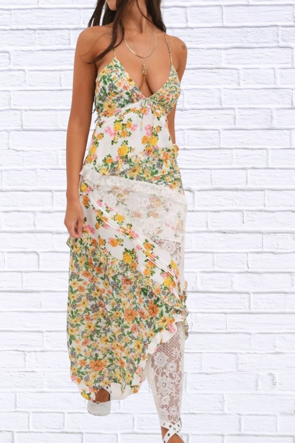 Lace Floral Ruffle Trim Maxi Dress for Women | Elegant Flowy Summer Dress | Romantic Wedding Guest & Vacation Dress
