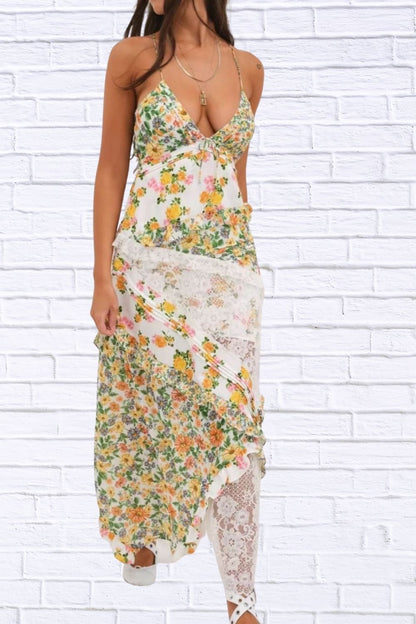 Lace Floral Ruffle Trim Maxi Dress for Women | Elegant Flowy Summer Dress | Romantic Wedding Guest & Vacation Dress
