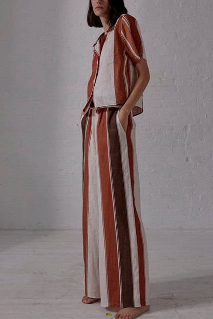 Striped Short Sleeves Button Down Shirt Wide Leg Pants Set