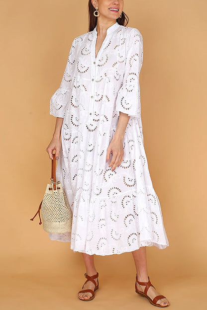 V Neck Flare Sleeves Lace Hollow Out Tiered Maxi Dress