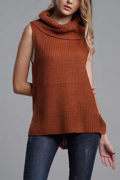 Cowl Neck Side Slit Sleeveless Sweater Vest