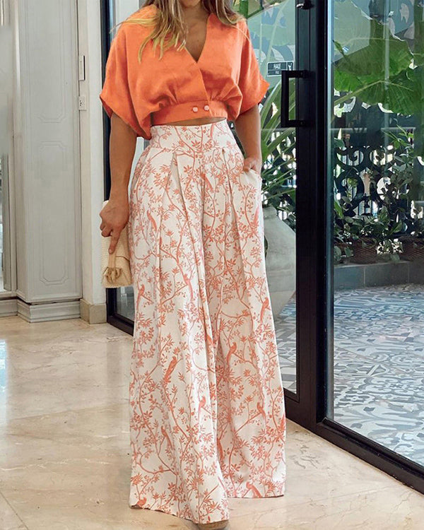 Clidress Crop Top Blouse and Wide Leg Printed Pants 2 Pieces Set
