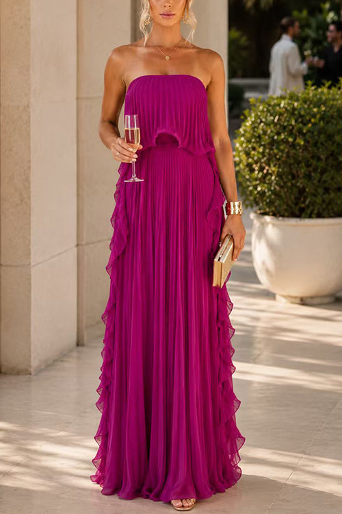 Strapless Tube Ruffle Pleated Swing Maxi Dress