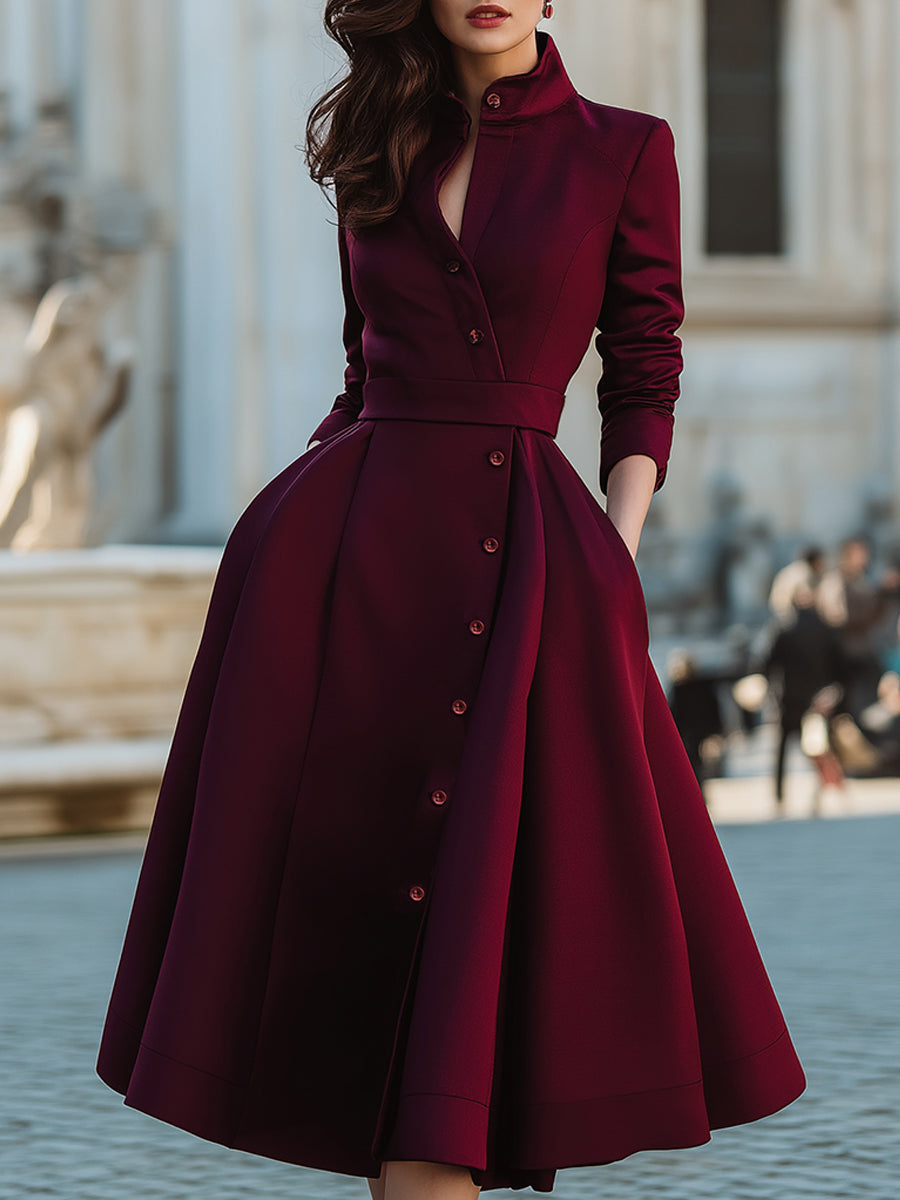 Elegant Band Collar Button-Down Midi Dress With Belt Burgundy