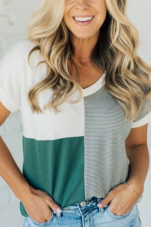 V Neck Stripe Splice Color Block T-shirt