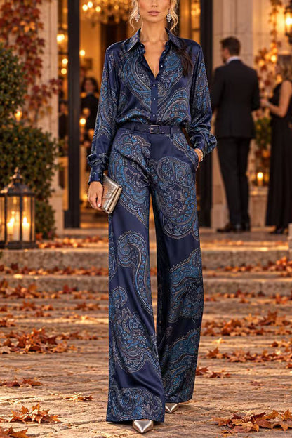 Lapel Long Sleeves Shirt High Rise Pocketed Straight Leg Pants Paisley Print Set (C)