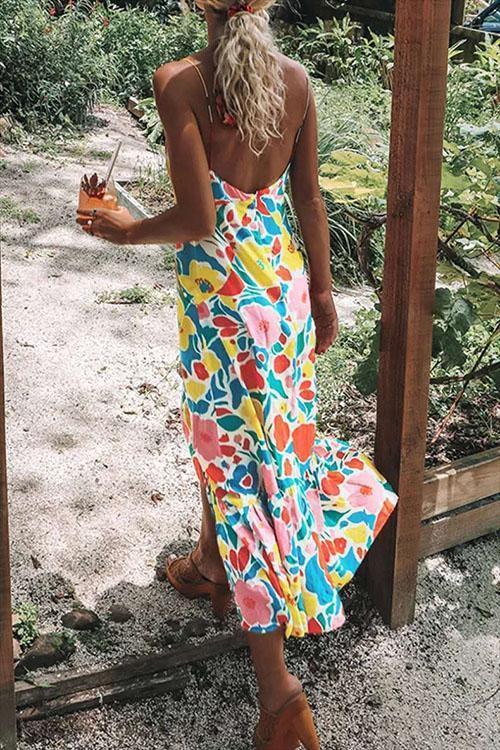 V Neck Ruffled Hem Printed Maxi Cami Dress