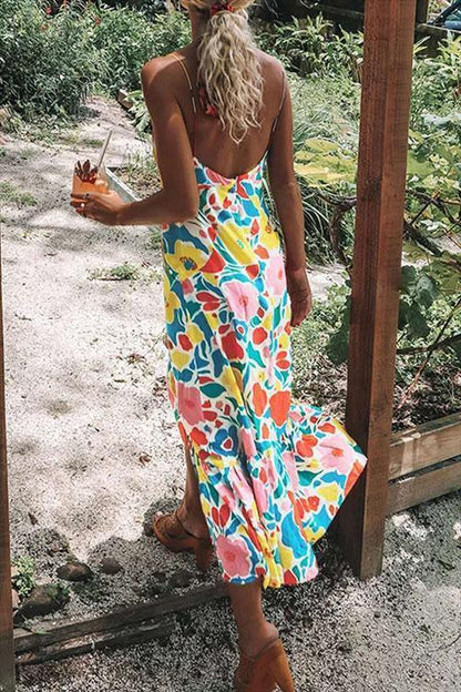 V Neck Ruffled Hem Printed Maxi Cami Dress