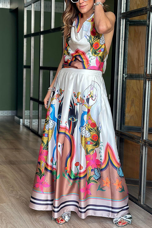 Unique Print Cowl Neck Tie Knot Backless Top and Pocketed Maxi Skirt Set White