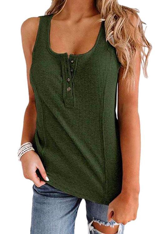 Buttons Sleeveless Stretchy Top Green