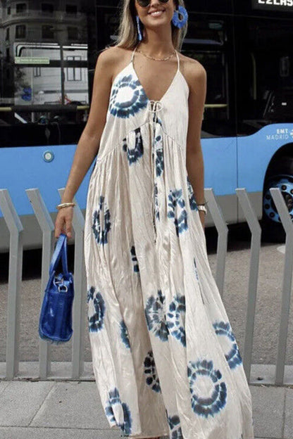 Halter V Neck Open Back Printed Swing Maxi Vacation Dress