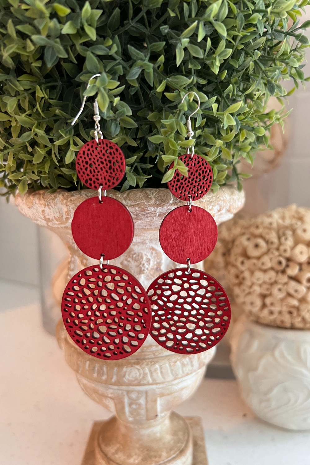 Vibrant Round-Shaped Hollow Pattern Dangle Earrings burgundy