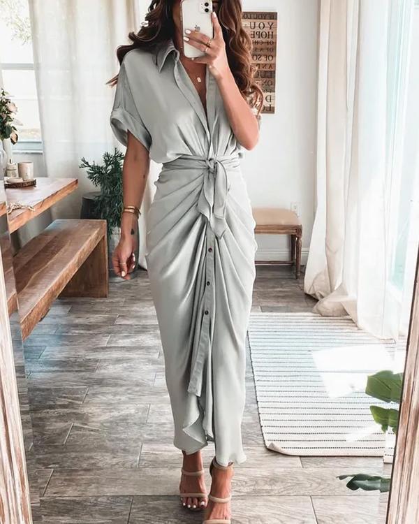 Clidress Shirt Collar Wrap Satin Button Down Dress