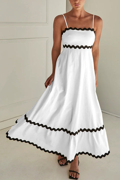 Spaghetti Strap High Waist Ric Rac Ruffle Maxi Dress White