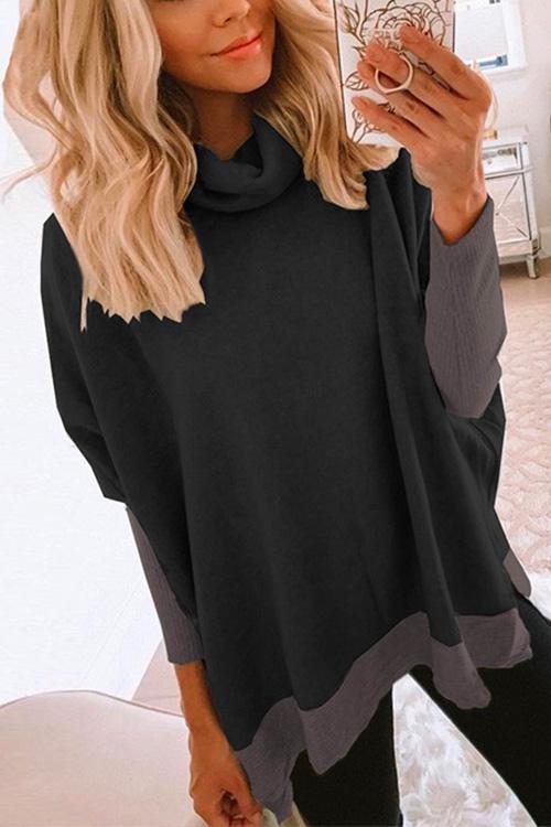 Cowl Neck Long Sleeve Side Split Sweatshirt Black