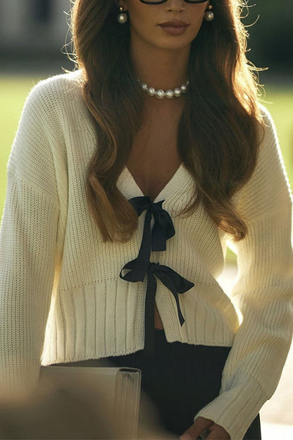 V Neck Bow Tie Front Elegant Sweater