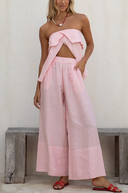 Strapless Ruffle Slit Top Elastic Waist Wide Leg Pants Set Pink
