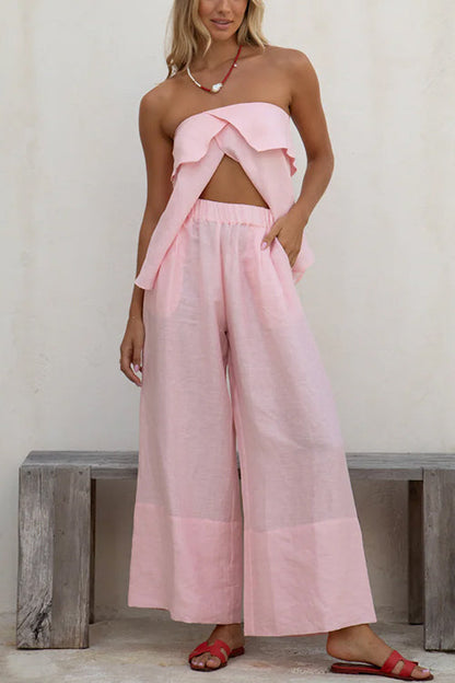 Strapless Ruffle Slit Top Elastic Waist Wide Leg Pants Set Pink