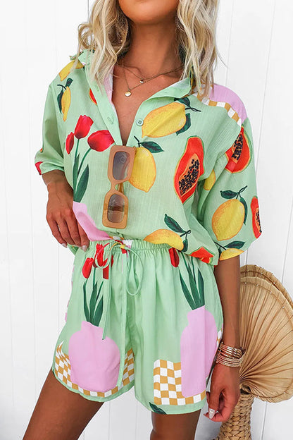 Resort Print Short Sleeves Blouse Shirt Elastic Waist Shorts Set Green
