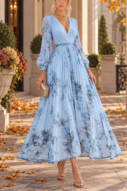 V Neck Lantern Long Sleeves Floral Print Pleated Maxi Dress (A)