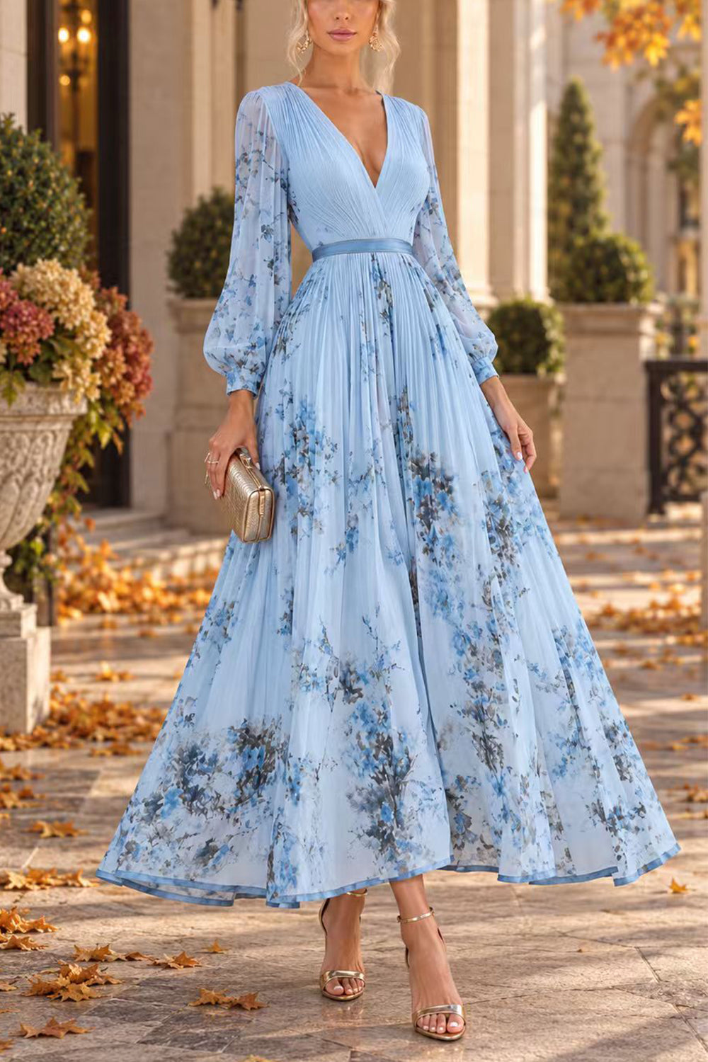 V Neck Lantern Long Sleeves Floral Print Pleated Maxi Dress (C)
