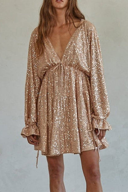 V Neck Balloon Sleeves Backless Drawstring Sequin Dress(in 4 Colors)