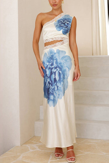 One Shoulder Lace Trim Cut Out Sleeveless Maxi Dress