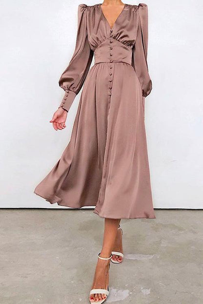 V Neck Puff Sleeve Waisted Ruffle Satin Dress