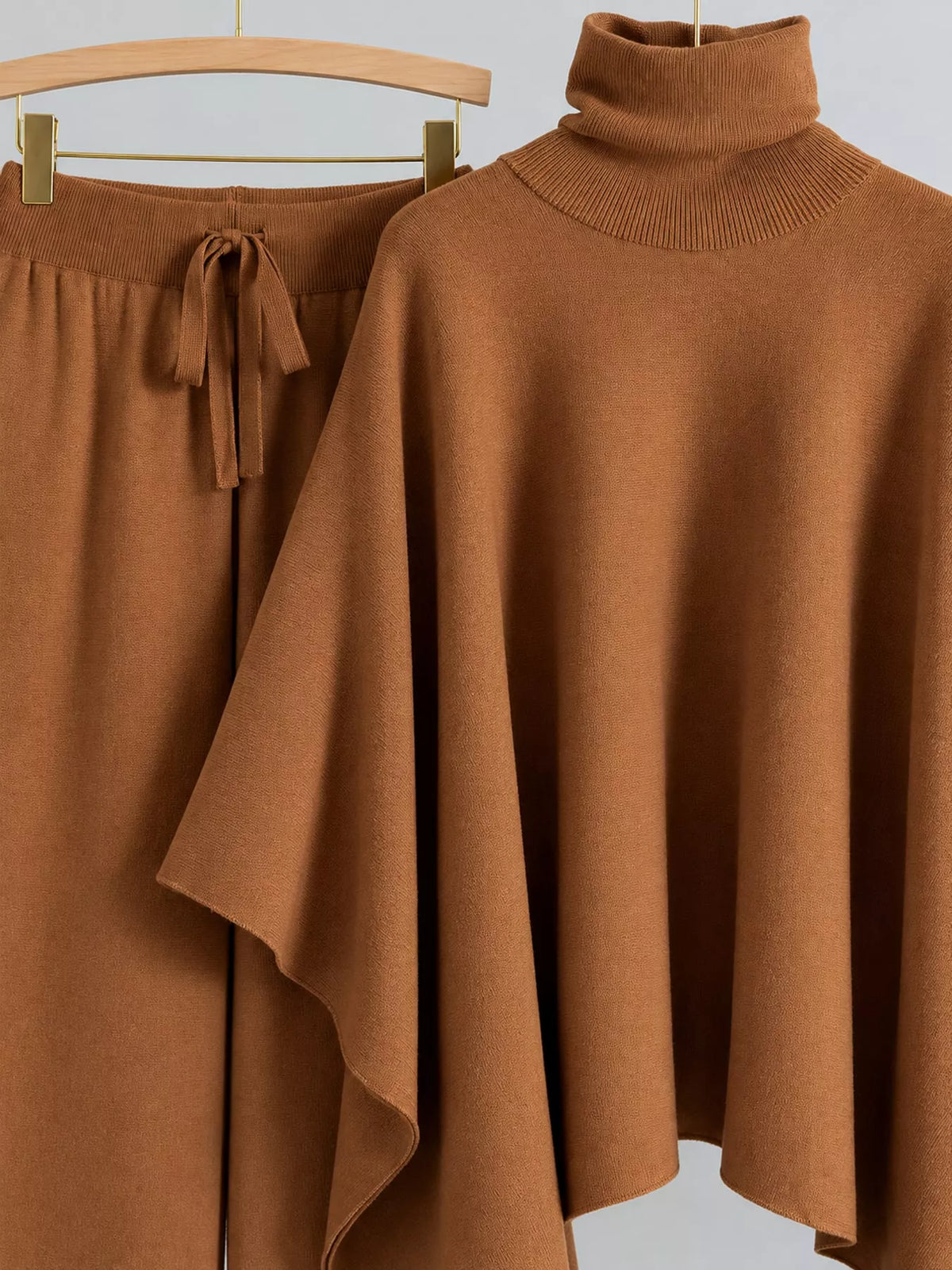 Turtleneck Poncho Pants Set with Wide-Leg Knit Pants
