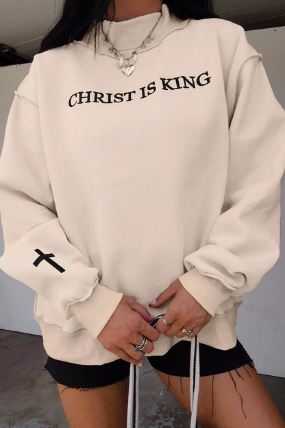 CHRIST IS KING Embroidery High Neck Baggy Sweatshirt