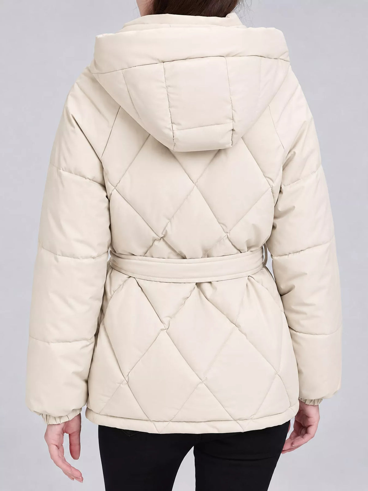 Quilted Waist Belt Hooded Puffer Outerwear