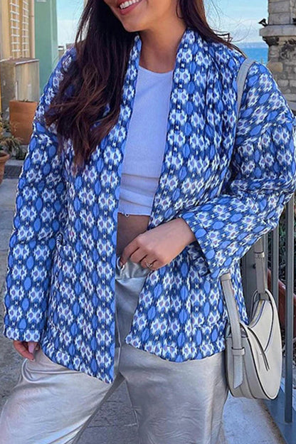Elegant Geometric Patchwork Pocket Cardigan Collar Outerwear Blue