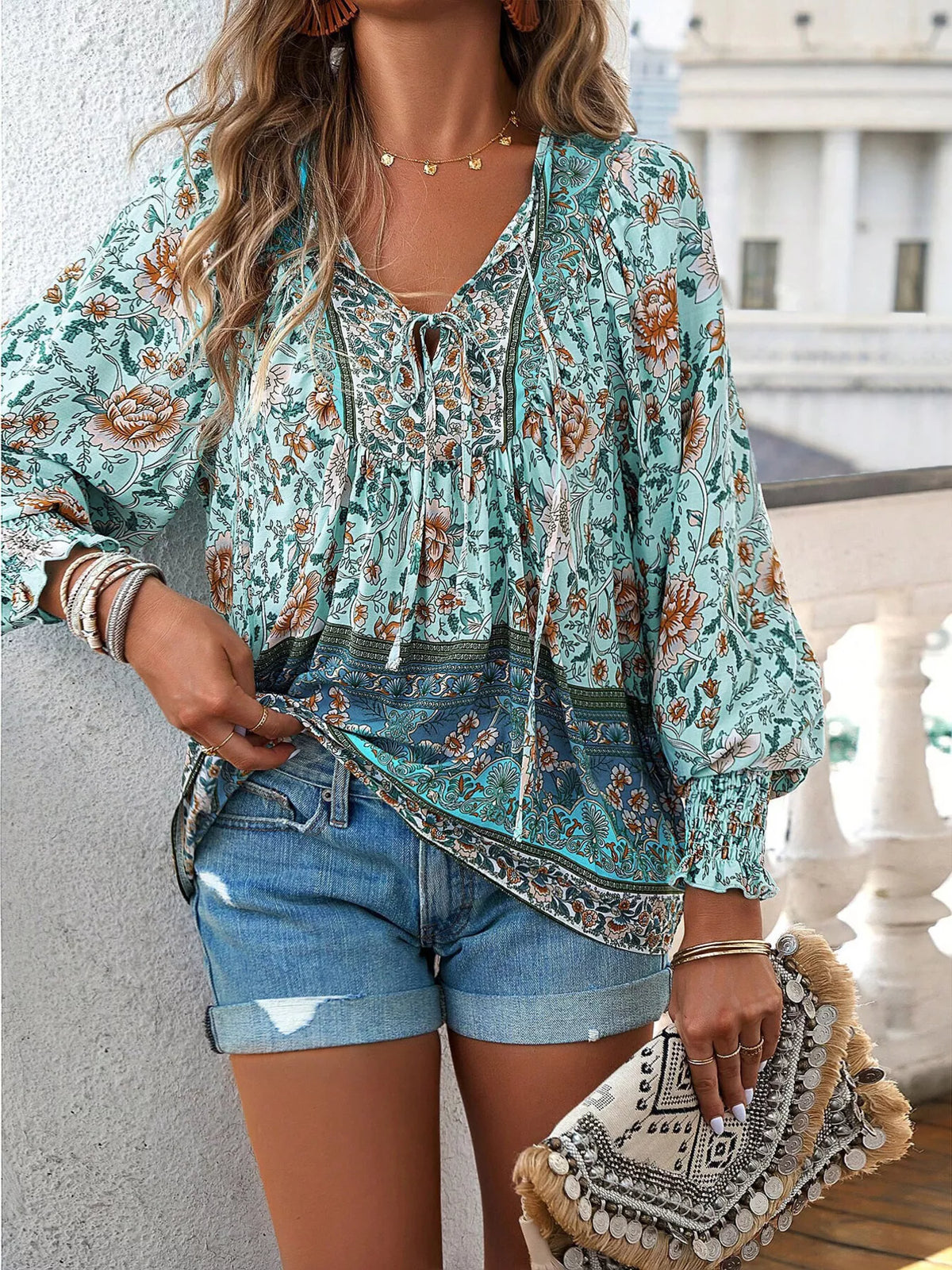 Floral Print Tie-Neck Blouse with Smocked Cuffs