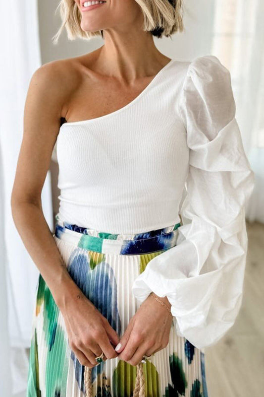 Celebrities Elegant Solid Asymmetrical Oblique Collar Tops White