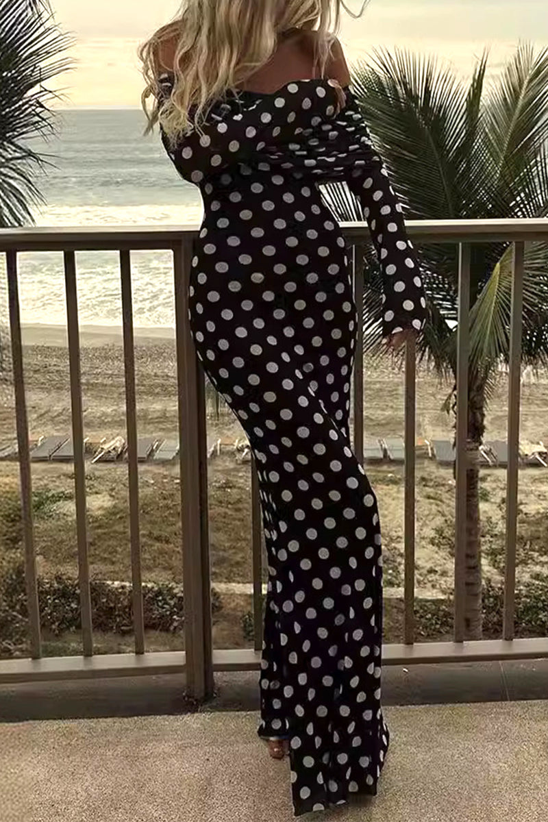 Celebrities Elegant Polka Dot Mesh Off the Shoulder One Step Skirt Dresses Black
