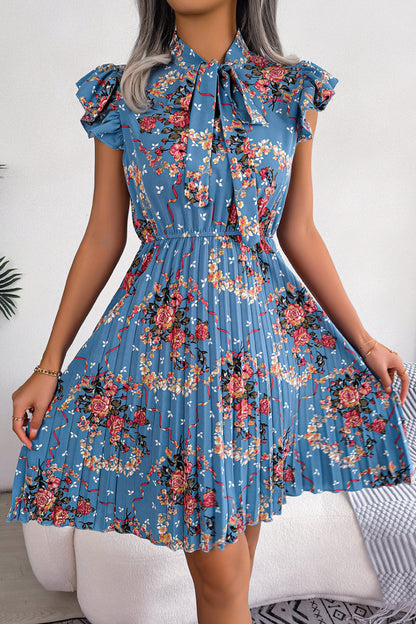 Vintage Elegant Flowers Frenulum Pleated Half A Turtleneck Pleated Dresses Royal Blue